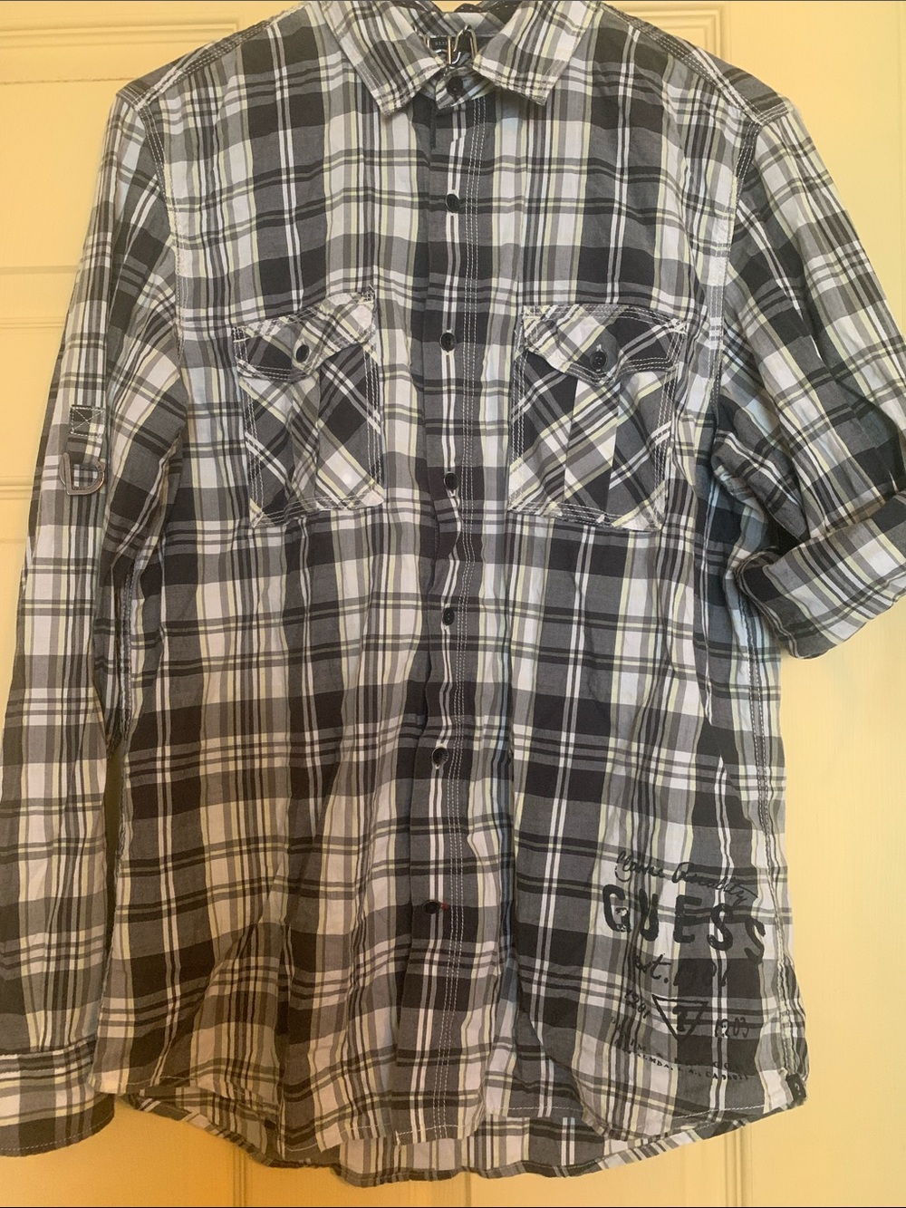 Guess Black White Plaid Button Down Slim Fit Dress Shirt Logo